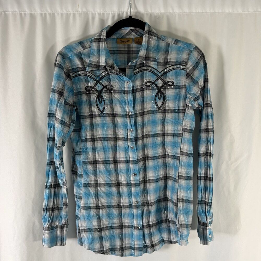 Wrangler Pearl Snap Shirt Women's Small Blue Plaid Embellished Embroidered